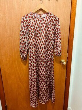 Geometric Print Midi Dress in Rust and Cream